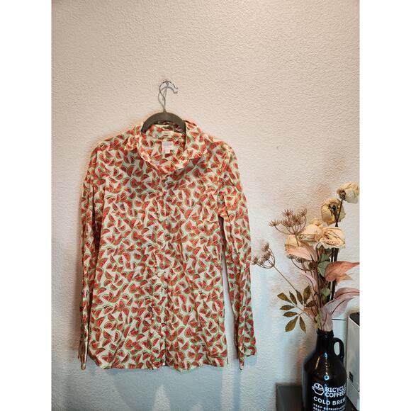 J.Crew XS Watermelon Print Button-Down‎ Shirt - 100% Cotton Summer Essential - Picture 1 of 4